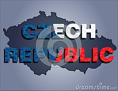 The contours of territory of Czech republic and Czech republic word in the colors of the national flag Vector Illustration