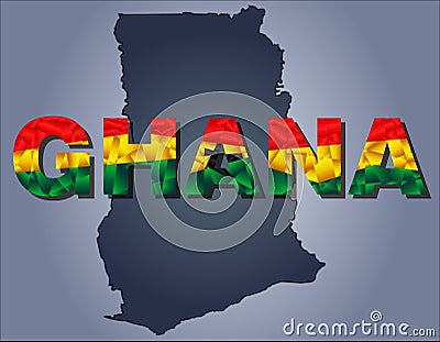 The contours of territory of Ghana and Ghana word in colours of the national flag Vector Illustration