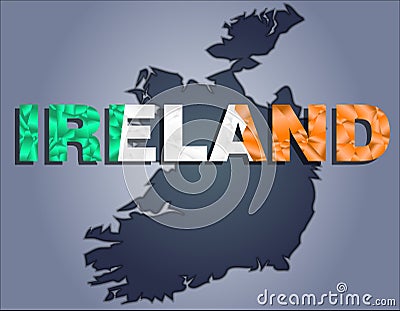 The contours of territory of Ireland and Ireland word in the colors of the national flag Vector Illustration