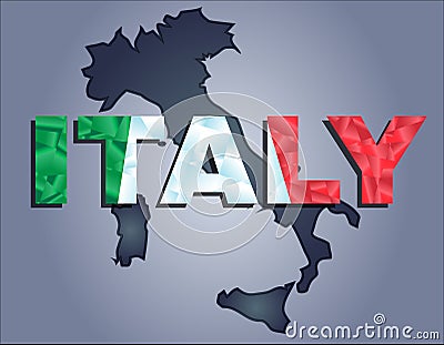 The contours of territory of Italy and Italy word in the colors of the national flag Vector Illustration