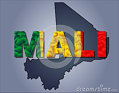 The contours of territory of Mali and Mali word in colours of the national flag Vector Illustration