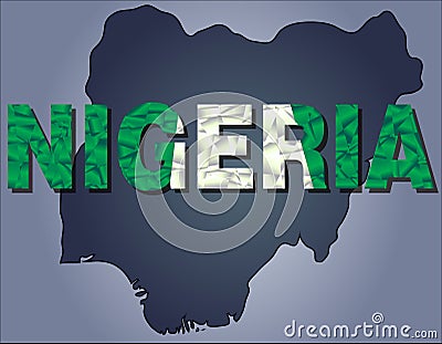 The contours of territory of Nigeria and Nigeria word in colours of the national flag Vector Illustration