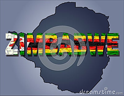 The contours of territory of Zimbabwe and Zimbabwe word in colours of the national flag Vector Illustration