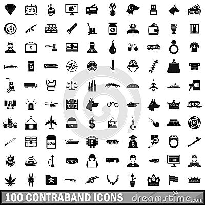 100 contraband icons set, simple style Vector Illustration
