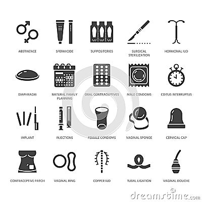 Contraceptive method flat glyph icons. Birth control equipment, condoms, oral contraceptives, iud, vaginal ring Vector Illustration