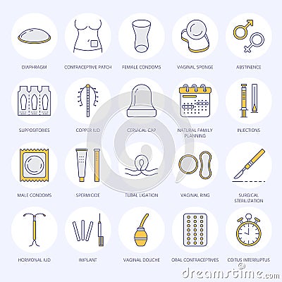 Contraceptive methods line icons. Birth control equipment, condoms, oral contraceptives, iud, barrier contraception Vector Illustration