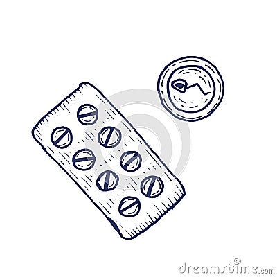 Contraceptive pill sperm and egg cell hand drawing Vector Illustration