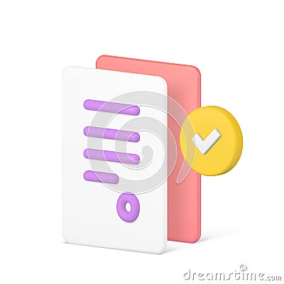 Contract agreement document confirmation paper sheet with done checkmark 3d icon realistic vector Vector Illustration