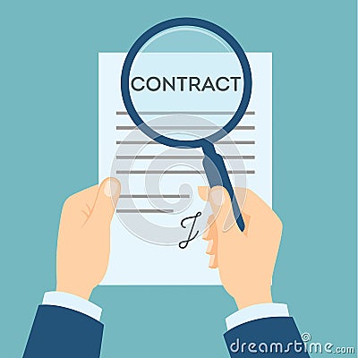 Contract analyzing with magnifyer. Vector Illustration