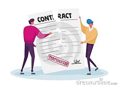 Contract Cancellation, Agreement Termination Concept. Couple of Tiny Male Characters Tearing Huge Paper Contract Sheet Vector Illustration