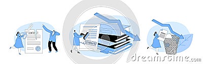 Contract Cancellation, Agreement Termination Concept. Tiny Characters Cutting Huge Terminated Contract Paper Sheet Vector Illustration