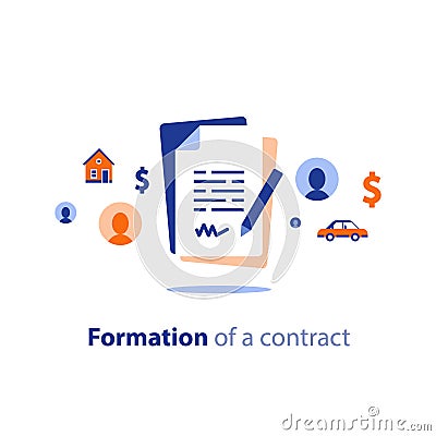 Contract creation service, document formation last will, prenup term conditions, divorce property separation, settlement agreement Vector Illustration