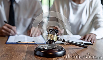 Contract decree of divorce dissolution or cancellation of marriage, husband and wife during divorce process and signing of Stock Photo