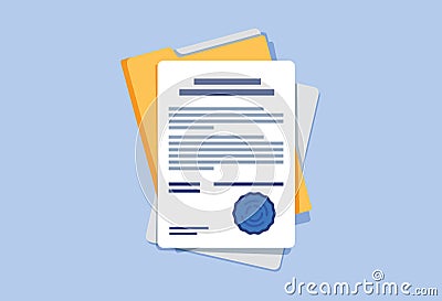 Contract or document signing icon. Document, folder with stamp and text. Contract conditions, research approval Vector Illustration