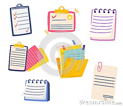 Contract documents and folders set. Documents with paper sheets, signatures and sticky notes. Employment business and finance. Vector Illustration