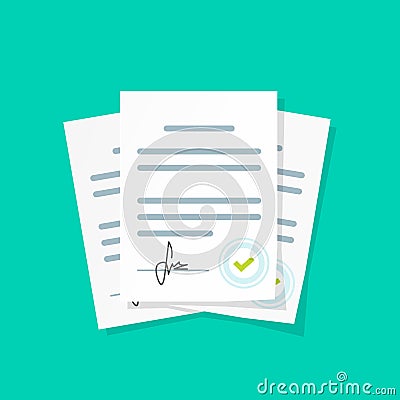 Contract documents pile vector illustration, stack of agreements document with signature and approval stamp Vector Illustration