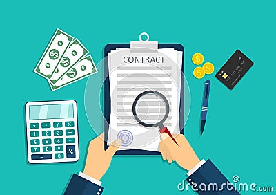 Contract icon. Paper document with pay agreement. Businessman is paperwork, calculate money, stamp signature. Sign of legal deal Vector Illustration