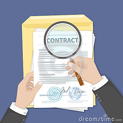 Contract inspection concept. Hands holding magnifying glass over a contract. Contract with signatures and seals. Research document Vector Illustration