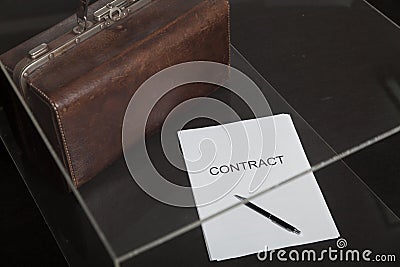 Contract and leather carpetbag close-up Stock Photo