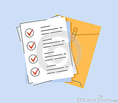 Contract papers. Business stationary documentation. Document. Folder with stamp and text. Stack of agreements document Vector Illustration
