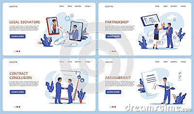 Contract signature landing page. Documents signing. Legal consultations. Business agreements. Partnership papers Vector Illustration