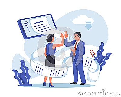 Contract signature. Partners signing documents. Businessman negotiation. Business partnership. Office people handshaking Vector Illustration