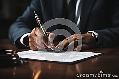 Contract signing legal counsel presents signed contract with gavel justice and law concept Stock Photo