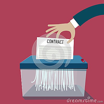 Contract termination: Hand inserts paper into the shredder Vector Illustration