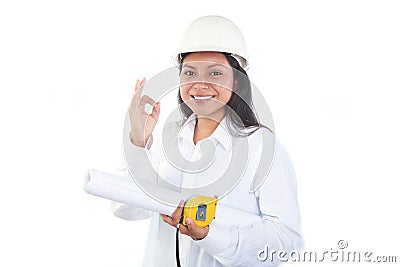 Contractor girl ok gesture Stock Photo