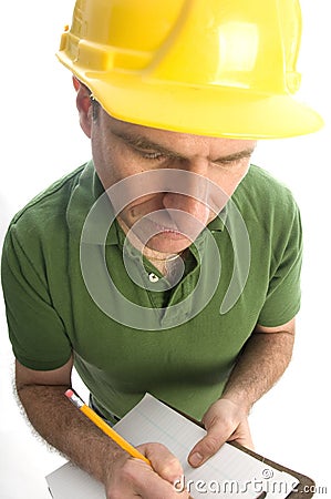 Contractor repairman with tool belt and hammer Stock Photo