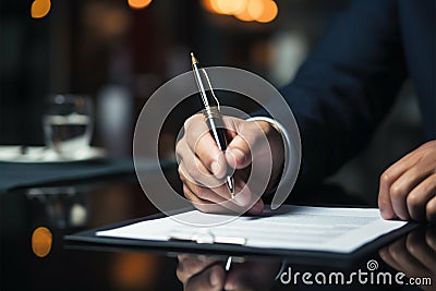 Contractual agreement hand confidently signs, marking the beginning of business collaborations Stock Photo