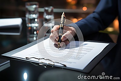 Contractual agreement hand confidently signs, marking the beginning of business collaborations Stock Photo