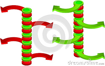 Contradictory green and red spatial vertical arrows Stock Photo