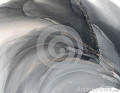 Contrast black gold dramatic watercolor flow. Natural motion watercolor swirl pattern, luxury contrast design in vector Vector Illustration