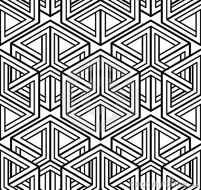 Contrast black and white symmetric seamless pattern with interweave figures. Continuous geometric composition, for use in graphic Vector Illustration