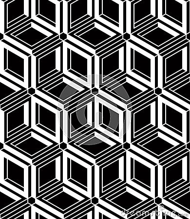 Contrast black and white symmetric seamless pattern with interweave figures. Continuous geometric composition, for use in graphic Vector Illustration