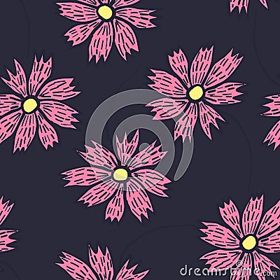 Contrast floral pattern with doodle pink flowers Vector Illustration