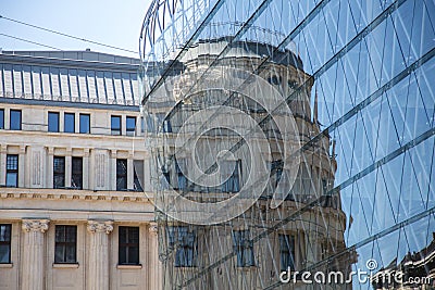 Contrast between old and new buildings Stock Photo