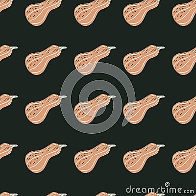 Contrast seamless doodle pattern with orange pumkin shapes. Black background Cartoon Illustration