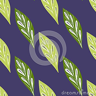Contrast seamless pattern with green geometric leaf silhouettes print. Navy blue background Vector Illustration