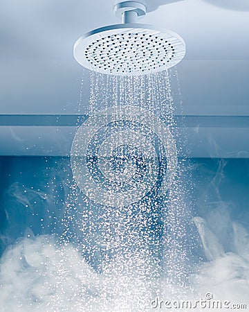 contrast shower with flowing water stream and steam Stock Photo