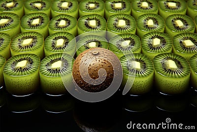 Contrast of a single kiwi slice among whole, fresh kiwis Stock Photo