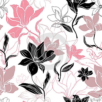 Contrasting floral black and pink seamless pattern of lilies, drawn vector flowers on a white background for fabric, wallpaper and Vector Illustration