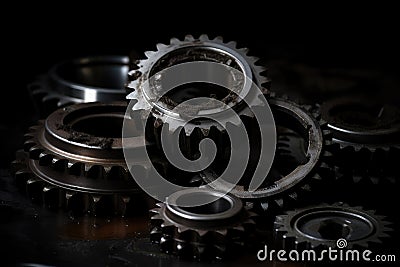 Contrasting image of shiny new gear wheels against a worn-out, dark industrial background, representing innovation and progress Stock Photo