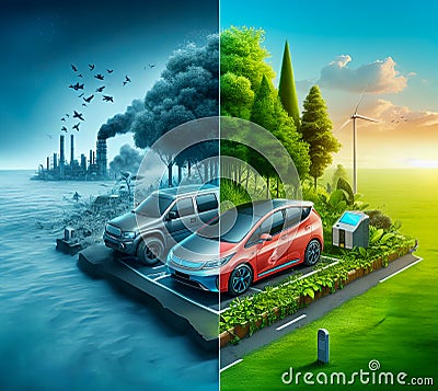 Contrasting Visions of Environmental Impact Traditional Gasoline Car Versus the Clean, Green Future of Electric Vehicles Stock Photo