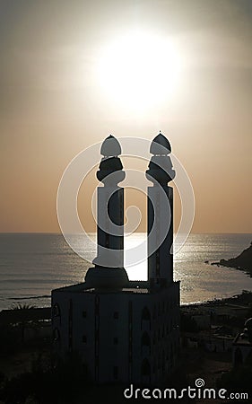 Contre-jour view to Mosque of the Divinity at sunset, Dakar, Senegal Stock Photo