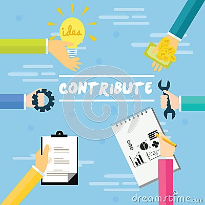 Contribute contribution hand give money help work together as a team Vector Illustration