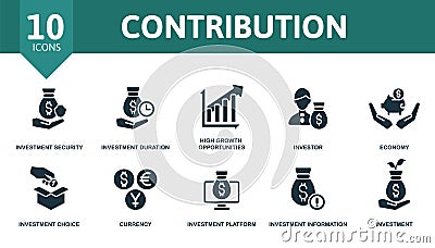 Contribution icon set. Contains editable icons investment theme such as investment security, high growth opportunities Vector Illustration