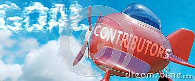 Contributors helps achieve a goal - pictured as word Contributors in clouds, to symbolize that Contributors can help achieving Cartoon Illustration