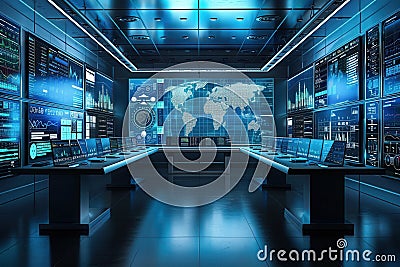 The control center features large screens displaying real-time delivery statuses and optimized routing information for Stock Photo